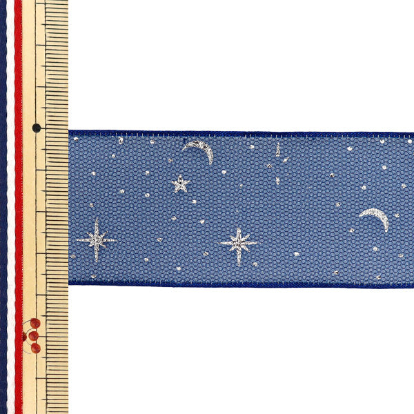 리본 "Oganza Print"리본 별이 빛나는 밤 약. 38mm x 3m 길이 남색 YRC2509-38"
