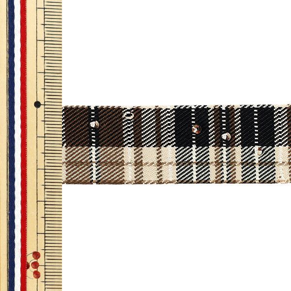 Ribbon "Check with rhinestones"Ribbon 2025 Approx. width 25mm x length 2m Beige YRC2549-25"