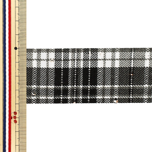 Ribbon "Check with rhinestones"Ribbon 2025 Approx. width 40mm x length 2m Black YRC2549-40"