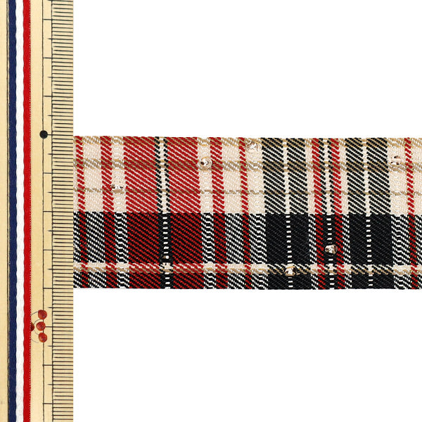 Ribbon "Check with rhinestones"Ribbon 2025 Approx. width 40mm x length 2m Red YRC2549-40"