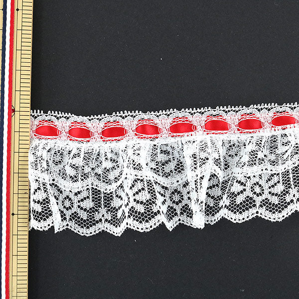 【数量5から】 レースリボンテープ 『レース レッド ホワイト 000614 K-C39 チープレース』