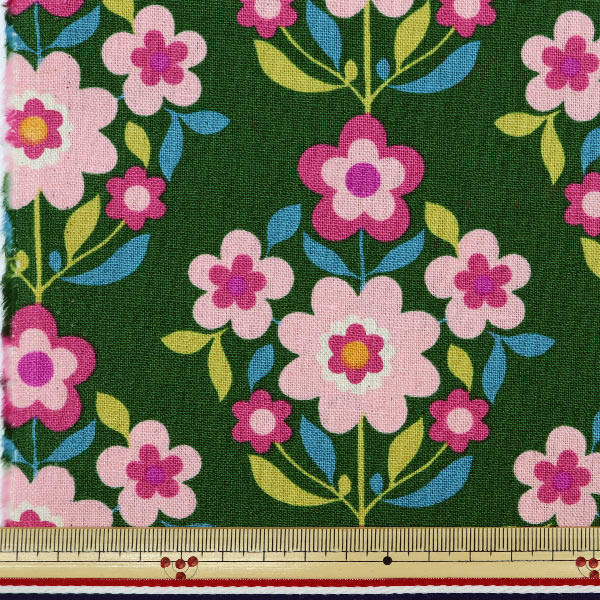 【数量5から】 生地 『綿麻キャンバス 花柄 グリーン×ピンク 99098-2D』