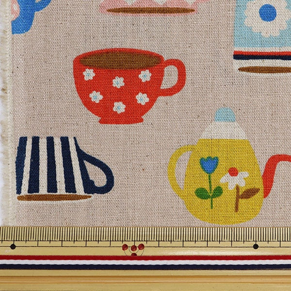 【数量5から】 生地 『綿麻キャンバス ティータイムキャット アイボリー 99097-2A』