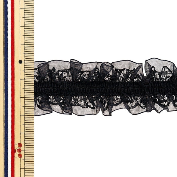 【数量5から】 フリルリボンテープ 『ストレッチWレースフリル 約30mm幅 ブラック FRS2305』