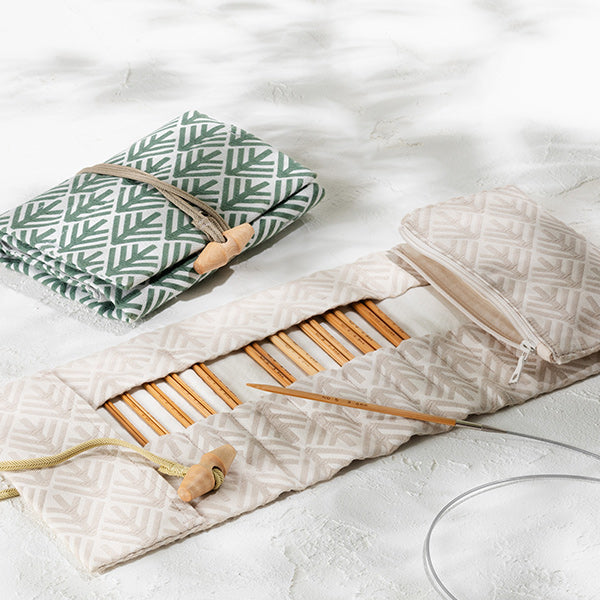 Komorebi CarryC Long bamboo circular needle set in Beige with case open and closed for styling image - Tulip