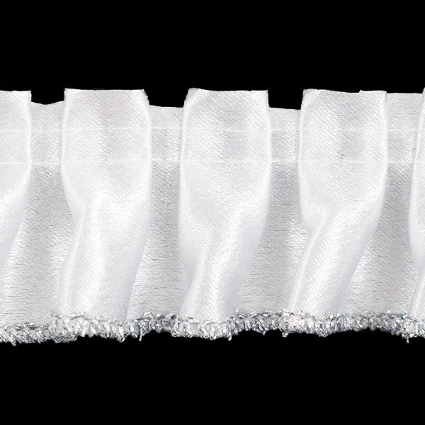 【数量5から】 フリルリボンテープ 『サテンフリル 幅約35mm 1番色 白×銀 501F-1S』