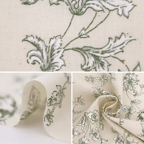 【数量5から】 生地 『スケア ラッカープリント 花柄 キナリ×グリーン KW-3115-9D』