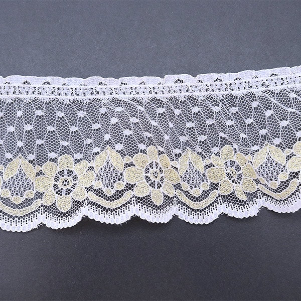 【数量5から】 レース 『ラッセルフリル 幅約6.5cm ホワイト×ゴールド 25002-WG』