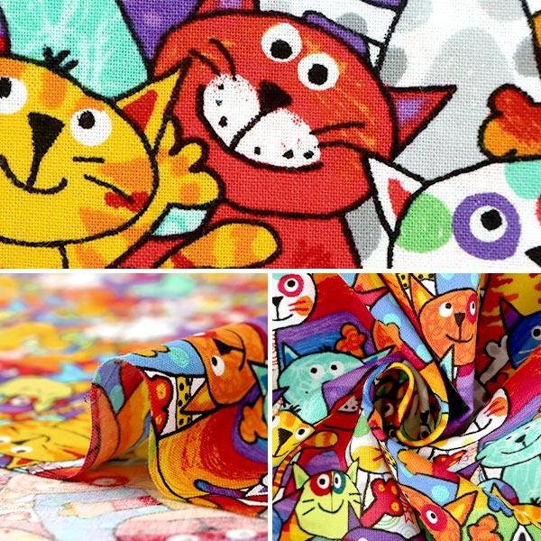【数量5から】 生地 『インクジェットプリント パーティーキャット C6341-MULTI』 USAコットン