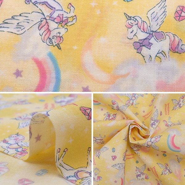 【数量5から】 生地 『抗菌防臭 シーチング ユニコーンレインボー イエロー CMOF-52』