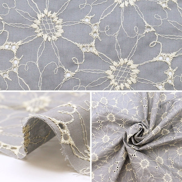 【数量5から】 生地 『綿ローン刺しゅう 両耳スカラップ グレー TM-8805-D』