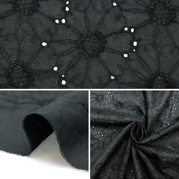 【数量5から】 生地 『綿ローン刺しゅう 両耳スカラップ ブラック TM-8805-F』