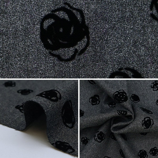 【数量5から】 生地 『ウール100% フロッキーニット ローズ柄 グレー 34747-5A』