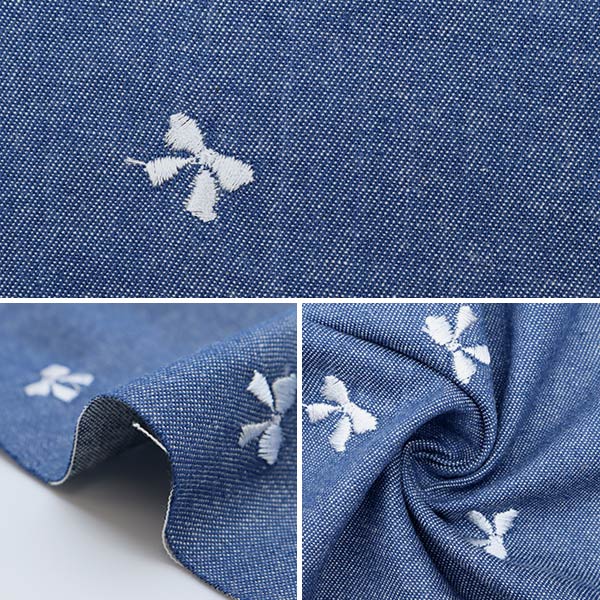 【数量5から】 生地 『デニム風先染め デニム風刺繍 リボン ホワイト KOF-47-W』