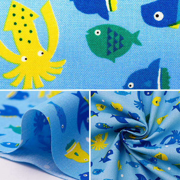 【数量5から】 生地 『抗菌防臭シーチング petit おさかな ブルー PTC1121-7-A』