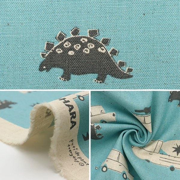 【数量5から】 生地 『綿麻キャンバス くるまとキョウリュウ ライトブルー PTMF-126-LBL』