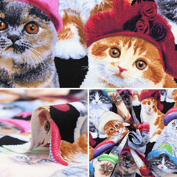 【数量5から】 生地 『USAコットン アドラブル・ペッツ ネコ柄 3805-BLACK』