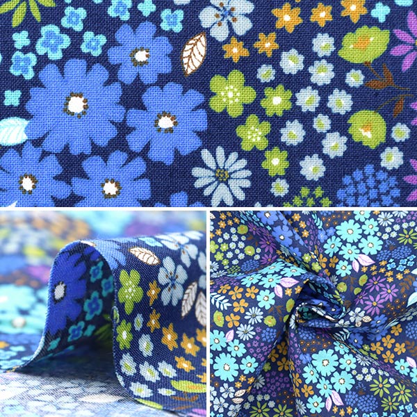 【数量5から】 生地 『スケアプリント 花柄 ネイビー×ブルー SO-4000-3D』