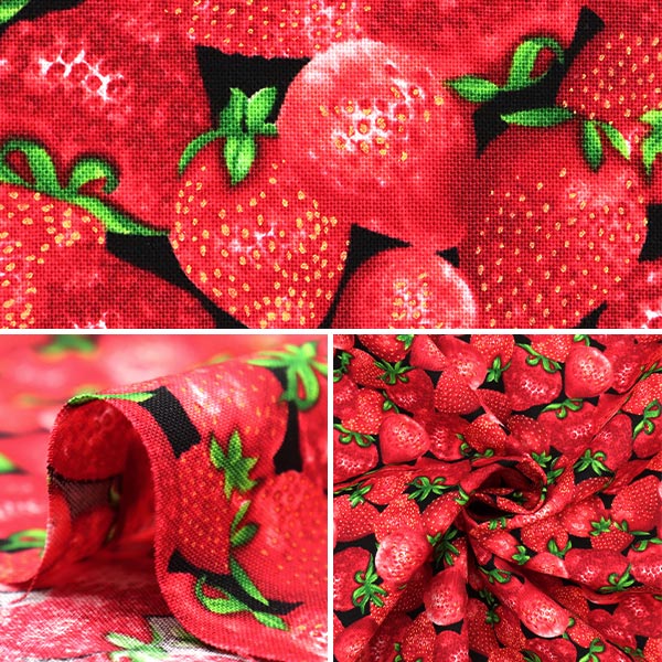 【数量5から】 生地 『USAコットン パックド・ストロベリーズ ブラック FRUIT-C1046』