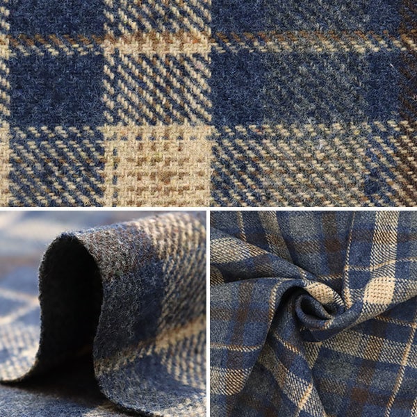 【数量5から】 生地 『ウールブレンドやわらか風合いウォッシャブル チェック ブルー WOOLBL-CHBL』