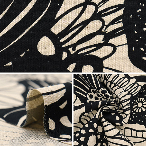 【数量5から】 生地 『綿麻キャンバス ライフフォースフラワー ナチュラルブラック YK-LIFL-A』