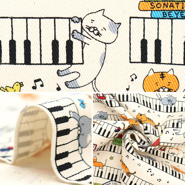 【数量5から】 生地 『ツイルプリント 鍵盤ねこ ホワイト KTS6929-A』 COTTON KOBAYASHI コットンこばやし 小林繊維