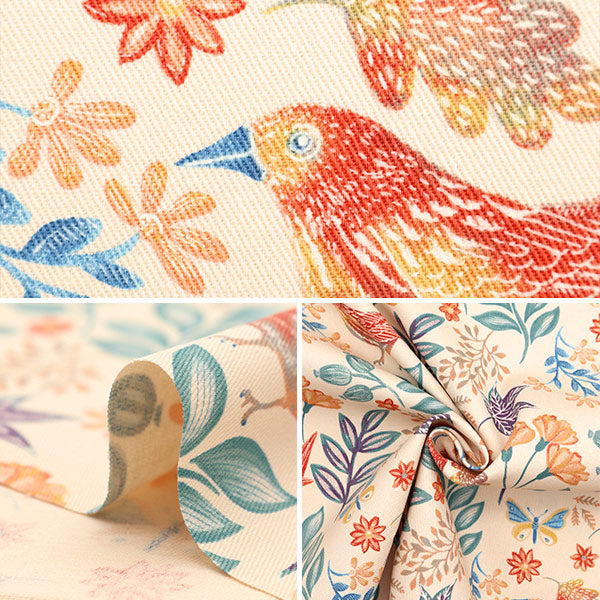 【数量5から】 生地 『ツイルプリント 鳥とちょうちょ オレンジ KTS6953-A』 COTTON KOBAYASHI コットンこばやし 小林繊維