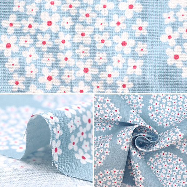 【数量5から】 生地 『綿麻キャンバス あじさい柄 ミズイロ×レッド HYDRANGEA-A』