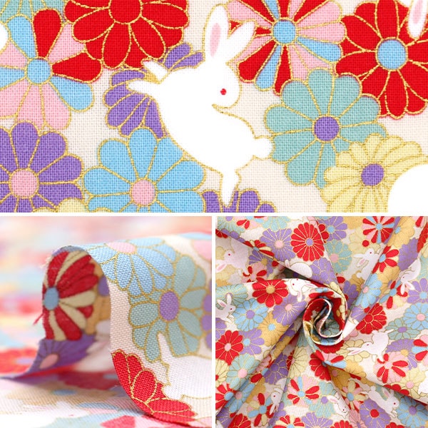 【数量5から】 生地 『スケア 和柄ラメ加工 福うさぎ アイボリー SQ35410-2A』