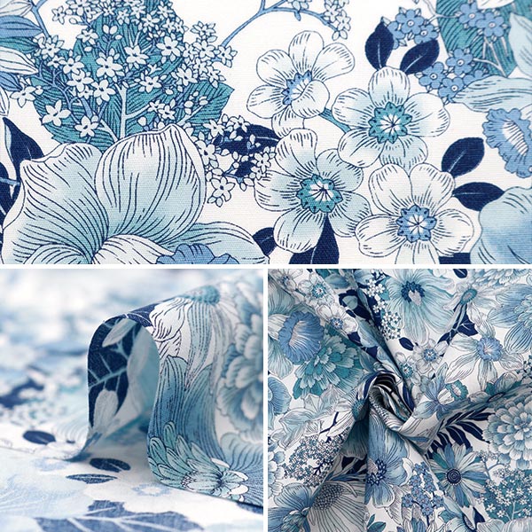 【数量5から】 生地 『ブロード ラインフラワー ホワイト×ネイビー 4225-1-1』