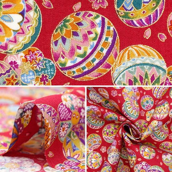 【数量5から】 生地 『スケア 金粉和柄 鞠 赤 YU850274-2-1』