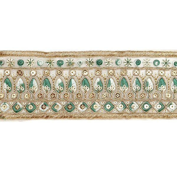 【数量5から】 手芸ブレード 『2023 インド刺繍ブレード ベージュ×グリーン 3127C』