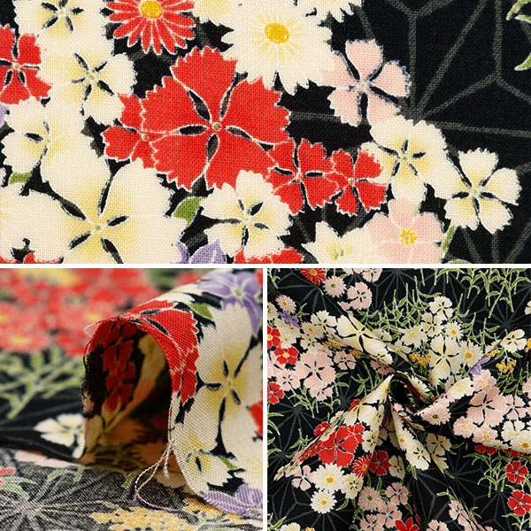 【数量5から】 生地 『スケア 麻の葉に撫子 黒 850426-1-1』