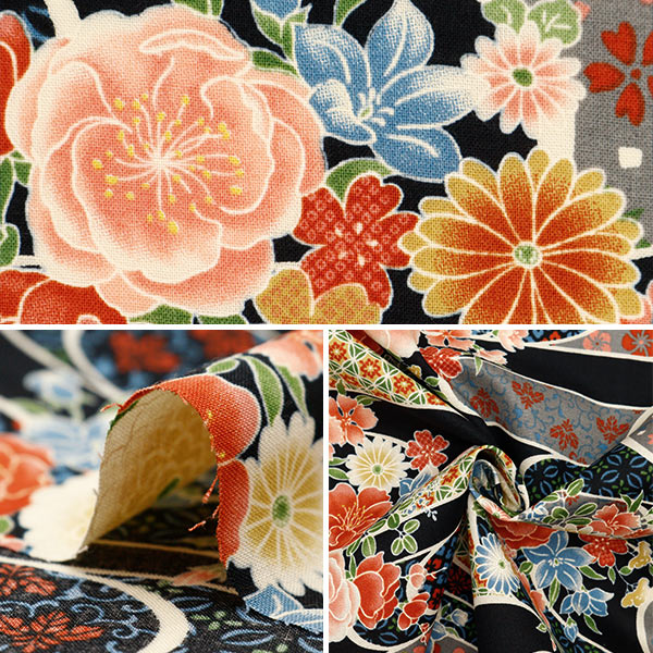 【数量5から】 生地 『スケア 花流水 黒 850427-1-1』