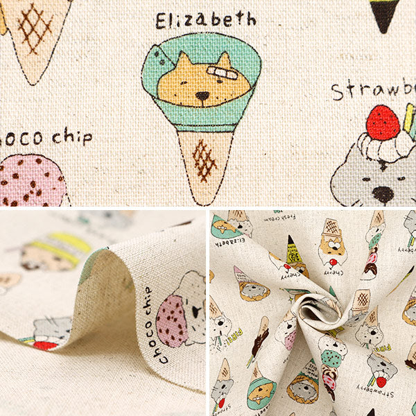 【数量5から】 生地 『綿麻キャンバス アイスねこ 生成 KTS7023-A』 COTTON KOBAYASHI コットンこばやし 小林繊維