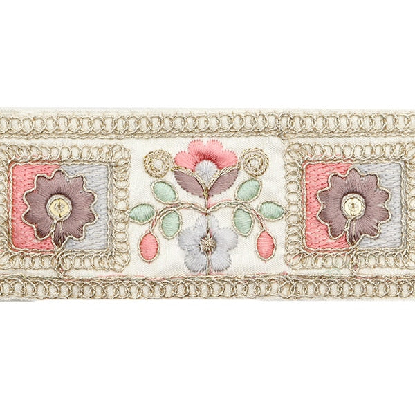 【数量5から】 手芸ブレード 『2024 インド刺繍ブレード ホワイト×ピンク M-77F』