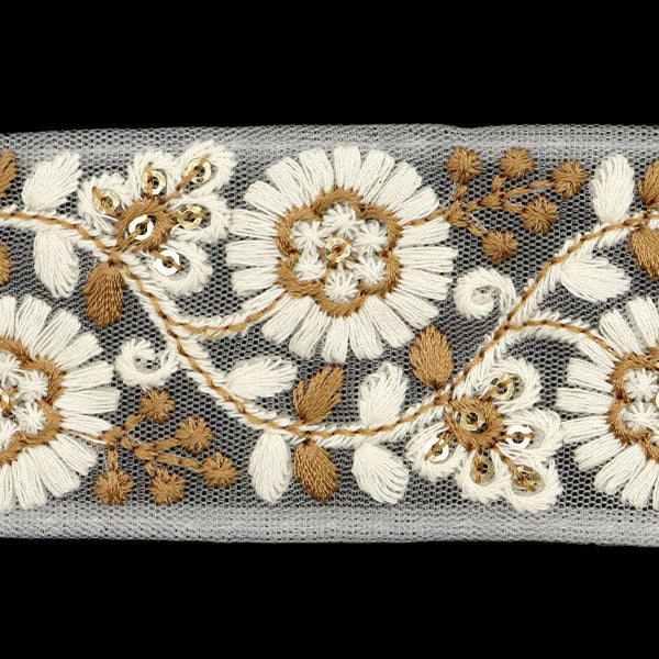 【数量5から】 手芸ブレード 『2024 インド刺繍ブレード ホワイト×ブラウン 47166A6』