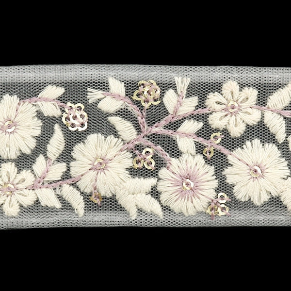 【数量5から】 手芸ブレード 『2024 インド刺繍ブレード ホワイト×パープル 47167J』