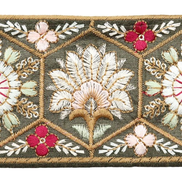 【数量5から】 手芸ブレード 『2024 インド刺繍ブレード グリーン×ピンク M-230D』