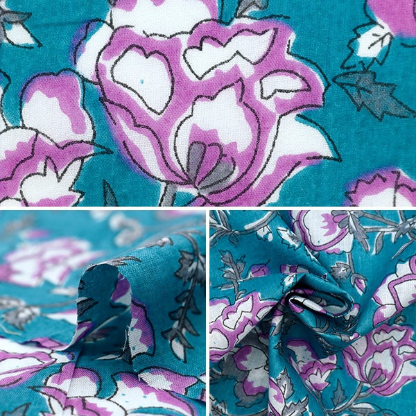 【数量5から】 生地 『インドボイルプリント 更紗柄 ブルー×ピンク RAM-BOI-37』