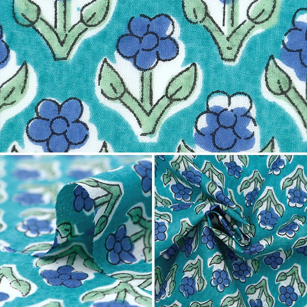【数量5から】 生地 『インドボイルプリント 花柄 シルバー×ブルー RAM-BOI-44』
