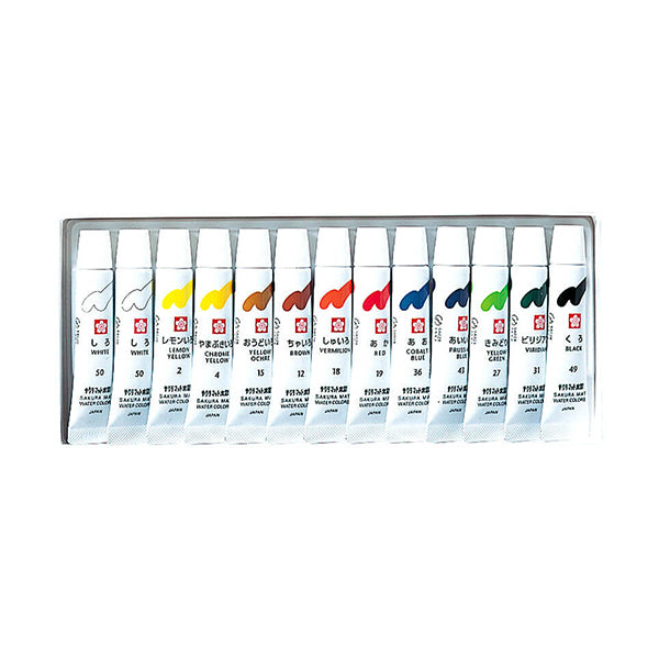 طلاء "أنبوب مصفح بألوان مائية غير لامعة مكون من 12 لونًا أبيض وزجاجتين EMW13" ساكورا ساكورا كريباس