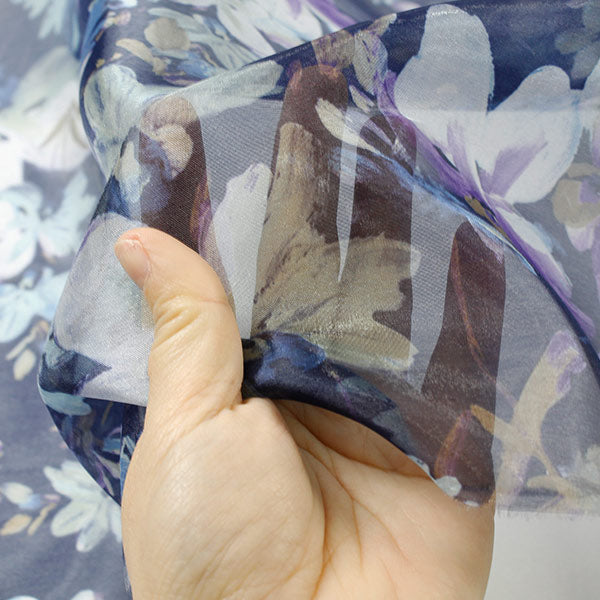 【数量5から】 生地 『オーガンジープリント 水彩フラワー 002 ネイビー』