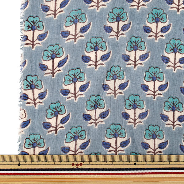 [Quantité à partir de 5] Tissu "Voile indien imprimé motif floral bleu RAVOI-26M