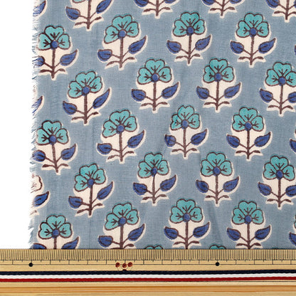 [Quantité à partir de 5] Tissu "Voile indien imprimé motif floral bleu RAVOI-26M