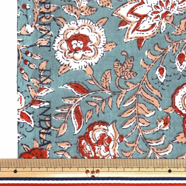 数量5から】 生地 『インドボイルプリント 更紗 グレー×レッド RAM-BOI