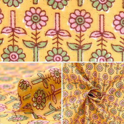 [الكمية تبدأ من 5] الأقمشة "غليان هندي طباعة الأزهار الأصفر x وردي رام-بوبي -25S"