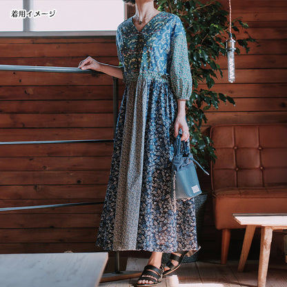 Kit de confección "Etiqueta de patrones X Maianddo Hecho con Liberty Teling Panel Switching One Piece Kit Blue Green Liberty Japan