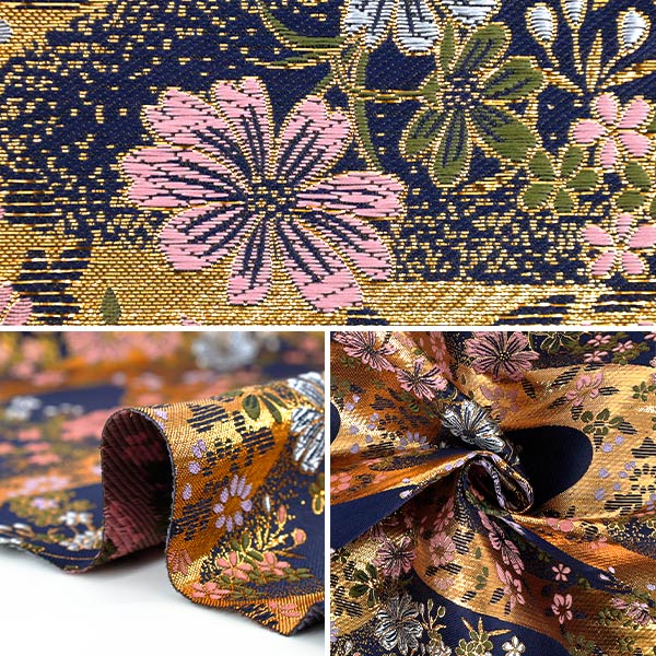 【数量5から】 生地 『金襴 流水に四季花 紺 AH9000-06』