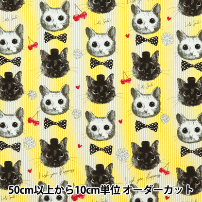 【数量5から】 生地 『オックス patch work animals ネコ&チェリー イエロー LOA-61030-2B』 KOKKA コッカ